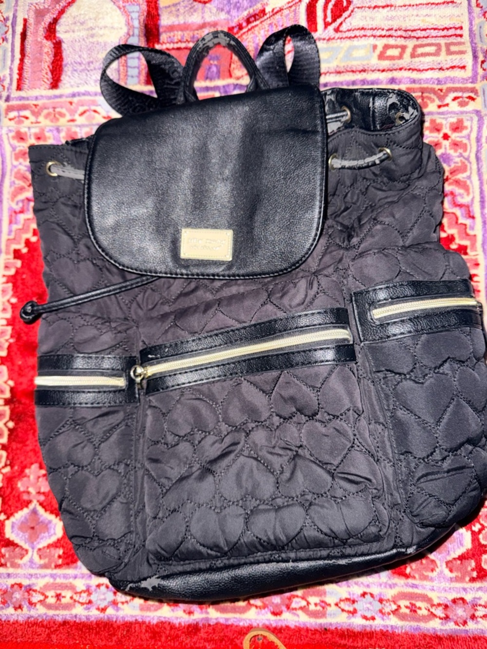 Betsey Johnson Black Quilted Heart-Pattern Backpack
